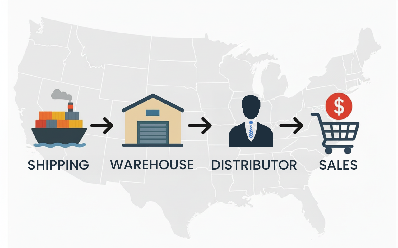 Flowchart showing process of selling goods: shipping by boat, storage in warehouse, distribution by person, sales with shopping cart icon, over a map of the United States.
