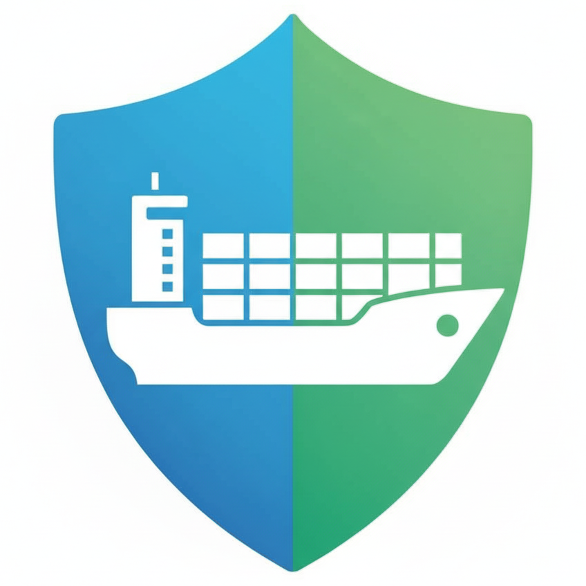 A shield with a large container ship.