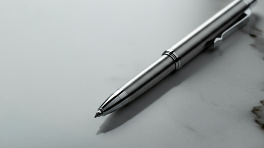Close-up of a silver ballpoint pen resting on a white surface.