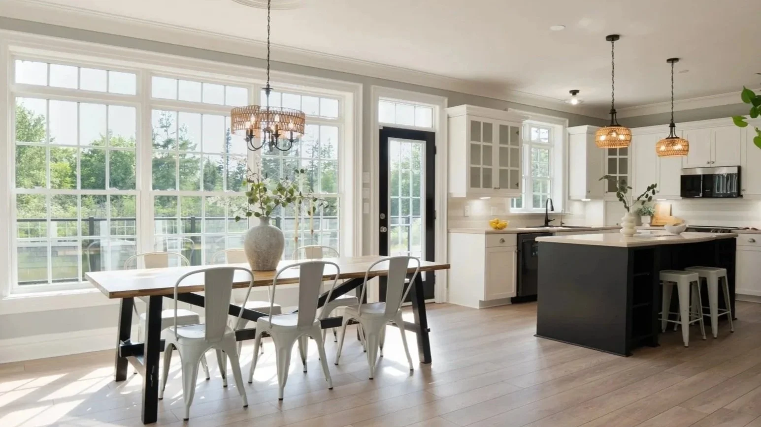 High quality Halifax real estate photography. Bright kitchen with large windows, dining table with six chairs, black and white kitchen cabinets, island with vases and bar stools, and outdoor view of trees. Million dollar home.