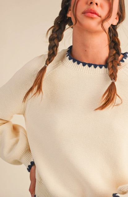 Ivory & Navy Long Puff Sleeve Sweater with Contrast Stitch