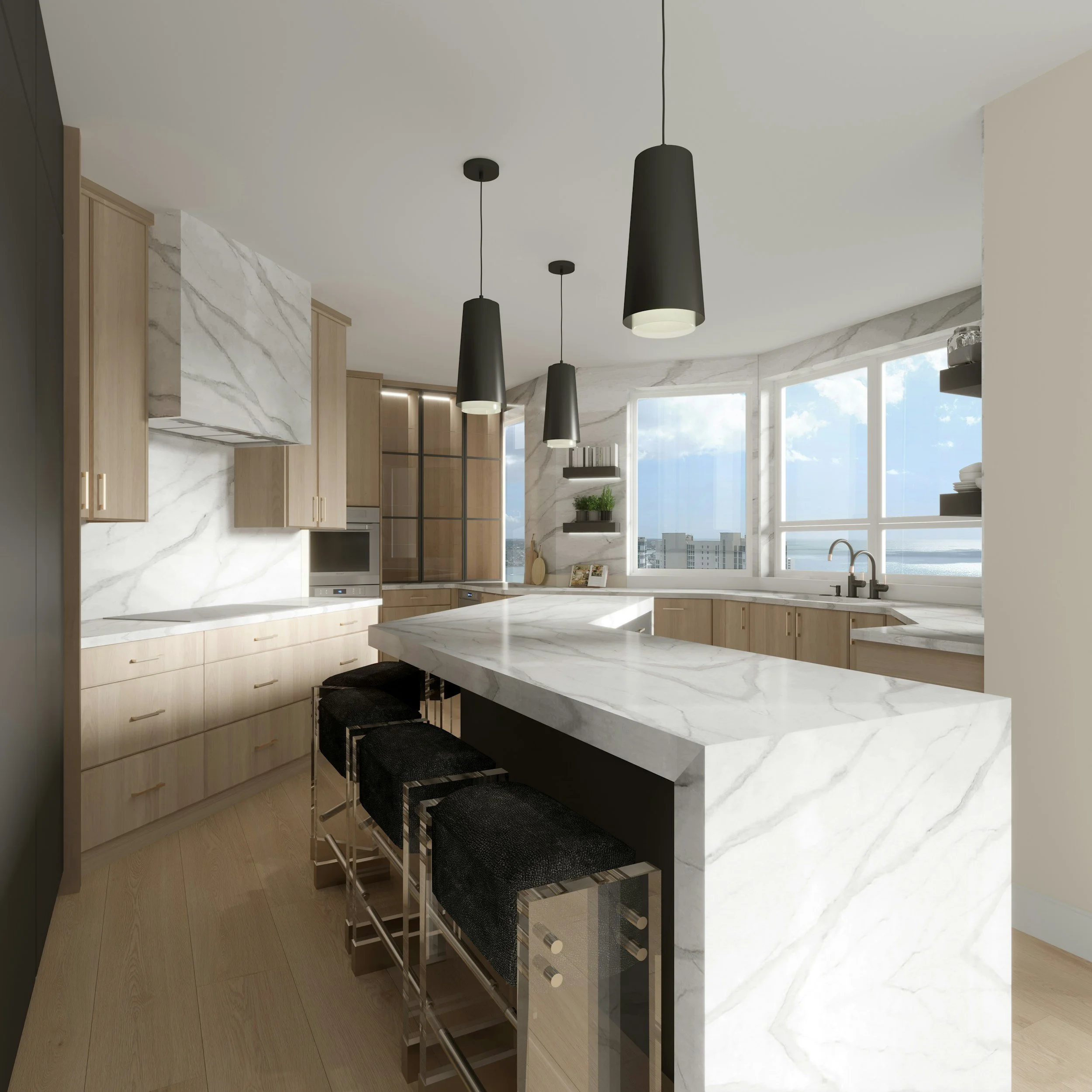 Modern kitchen with white marble countertops and backsplash, wooden cabinets, black pendant lights, large windows with city view, and bar stools.