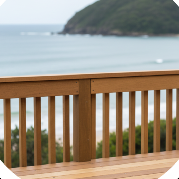 View of a wooden balcony railing overlooking a beach with blue ocean waves and a green hillside in the distance.