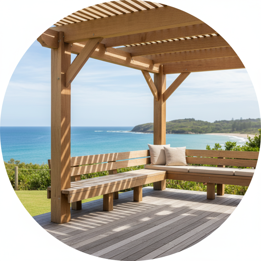 A wooden outdoor seating area with a curved bench and cushions overlooking the ocean, under a pergola with a view of the sea and distant land.