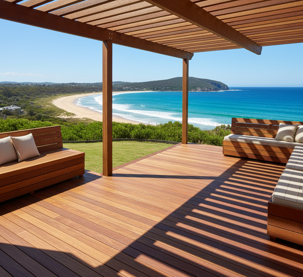 View from a wooden deck overlooking a beach with waves, green shrubs, and distant hills under a clear blue sky.
