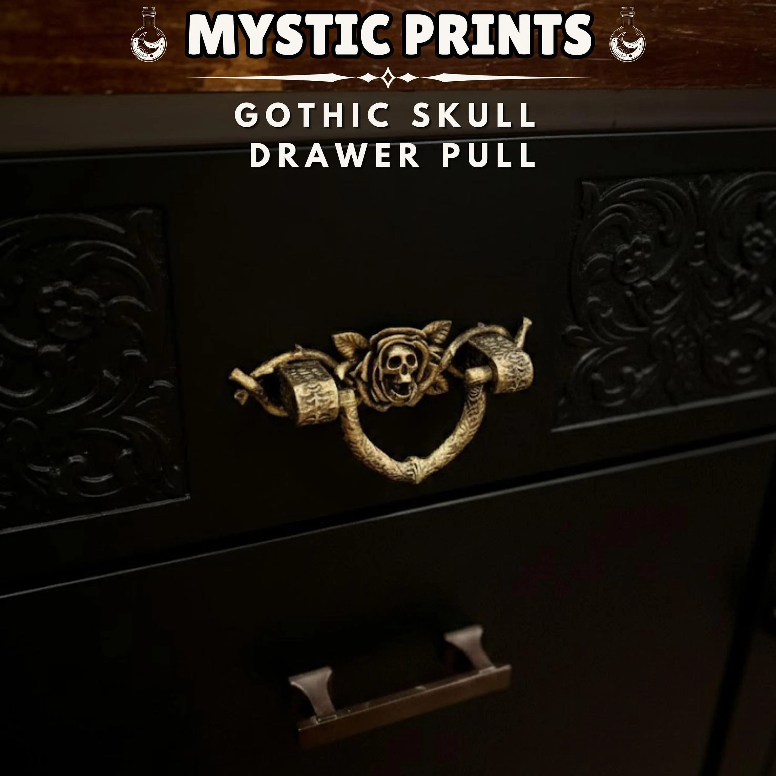 Gothic Skull Drawer Pull - Rose & Vine Cabinet Handle - 3D Printed