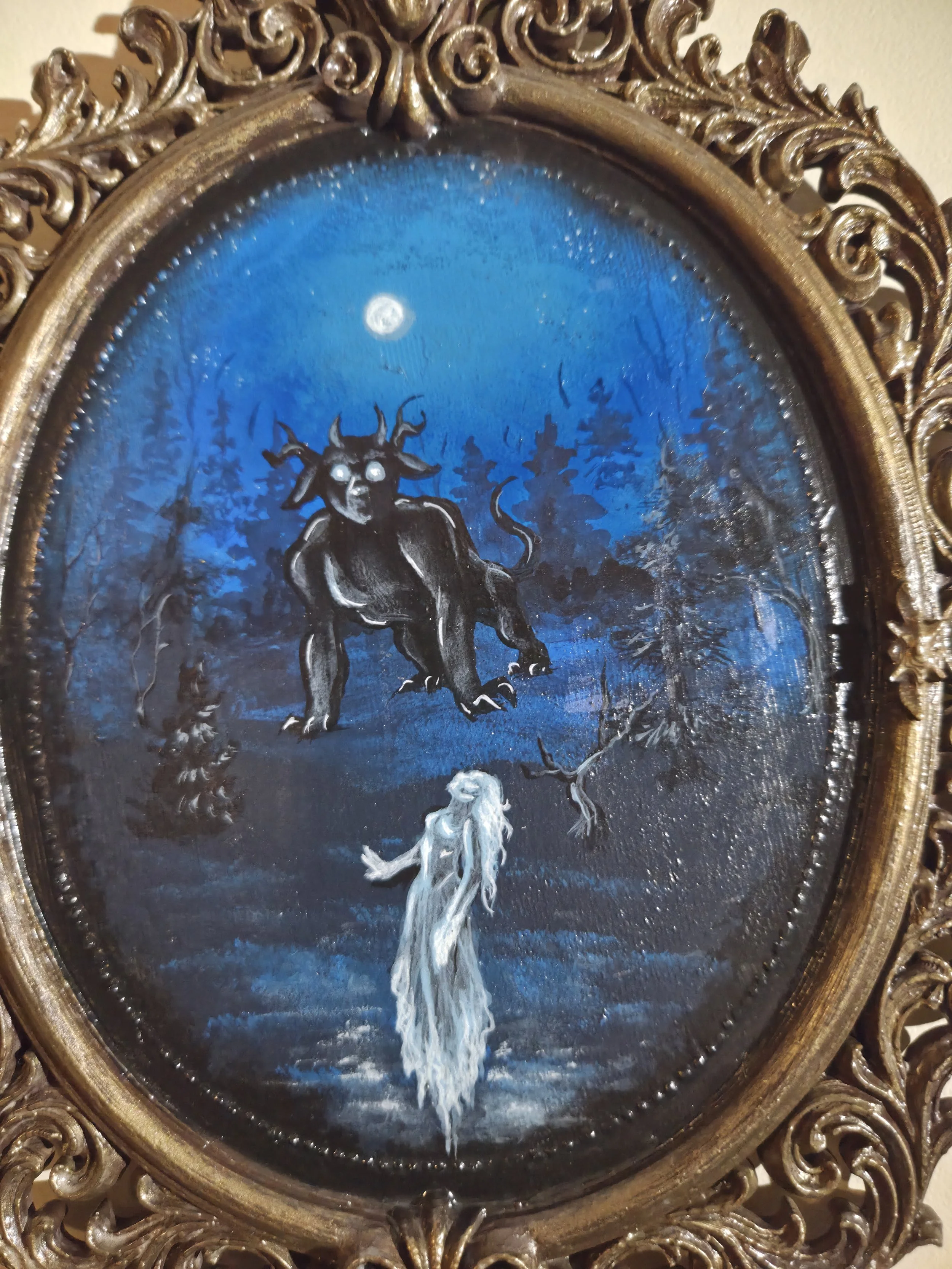 A painting depicting a night scene in a forest with a full moon in the sky. A ghostly woman in a flowing white dress is standing in the foreground, reaching out. Behind her, a large, monstrous creature with glowing eyes, horns, and claws is looming o