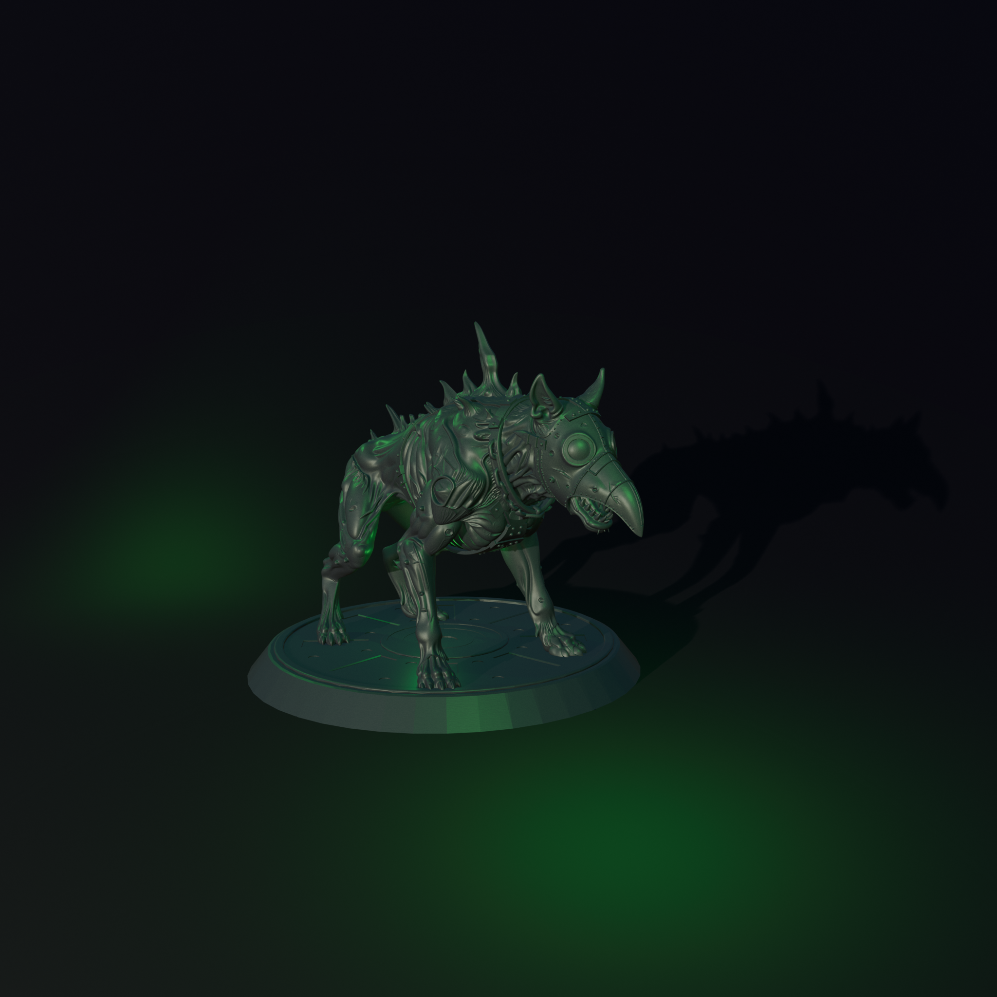 A dark green and black miniature figure of a creature with a unicorn-like head, armored body, and spiked back, standing on a circular base, casting a shadow in the dark.
