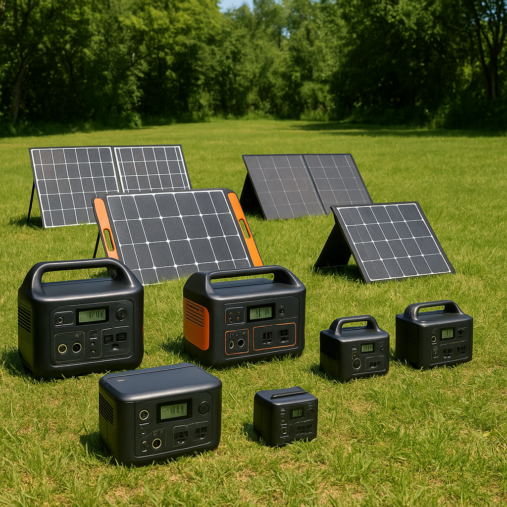 Solar panels and portable battery generators on grass in a park.