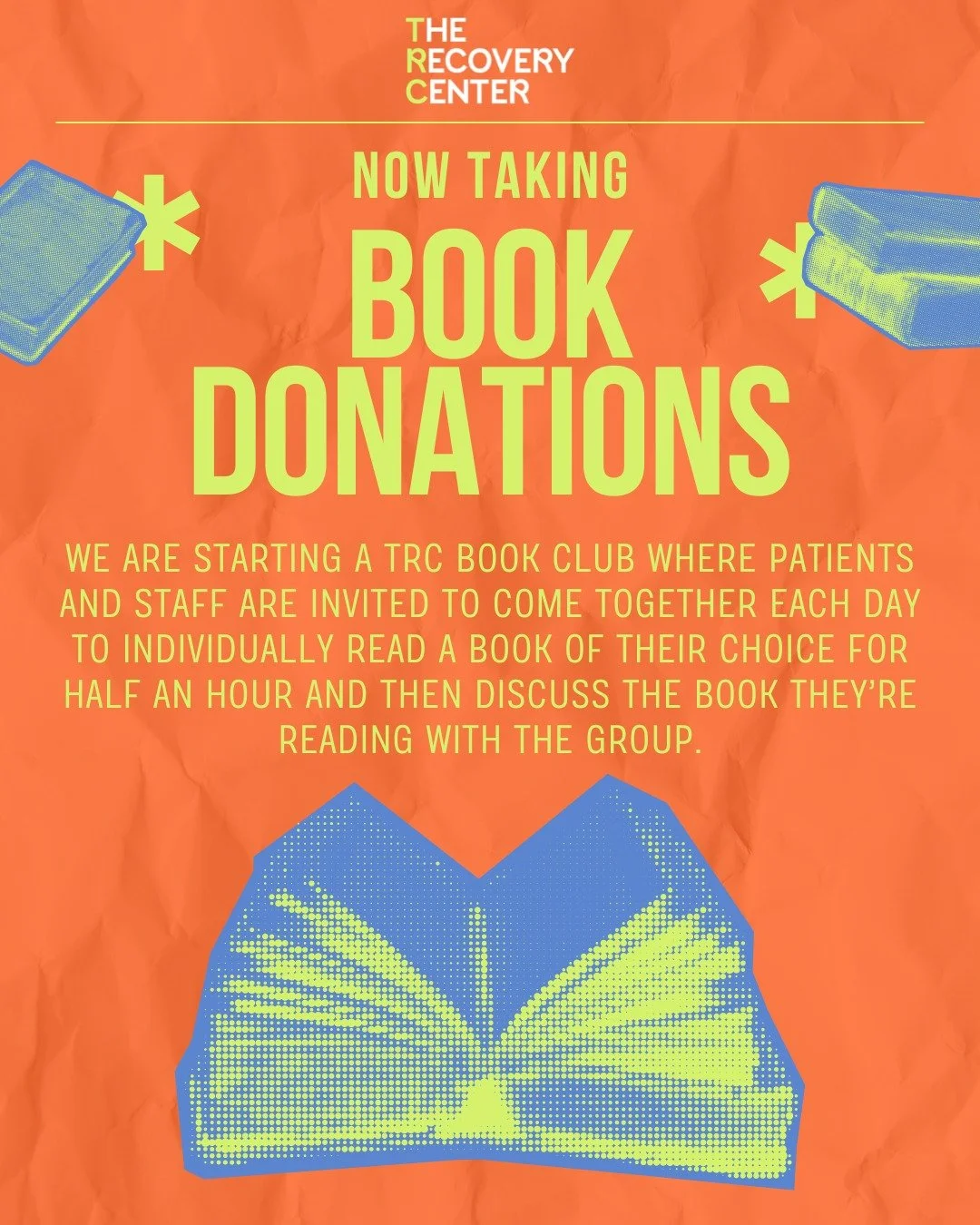 📚 Help Us Build Our TRC Book Club
We&rsquo;re excited to be starting a daily book club for our patients and staff&mdash;a simple, quiet space to read, reflect, and connect. Each day, we&rsquo;ll spend time reading together and then sharing thoughts 