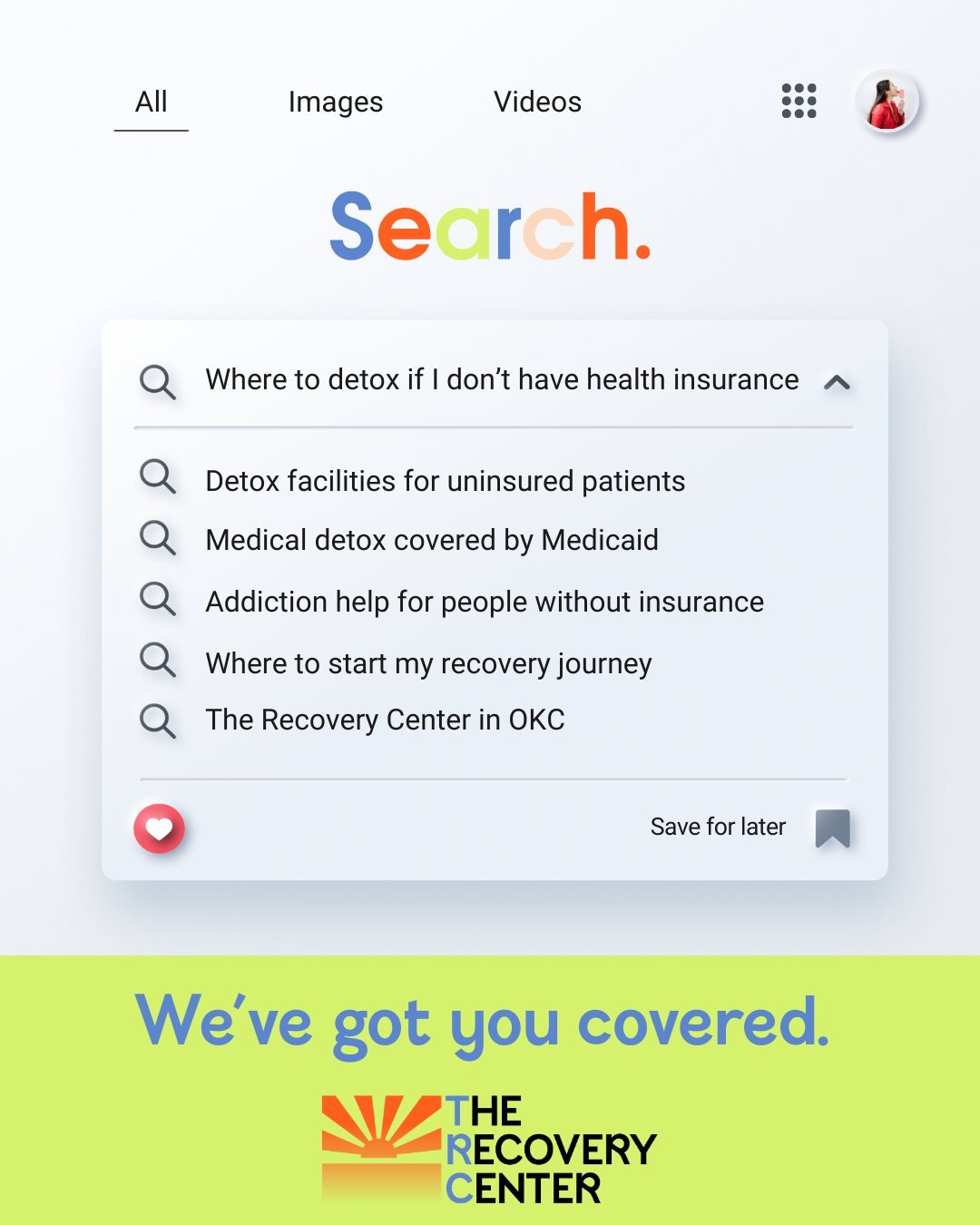 No Insurance? We are one of two non-profits in the state to get funding for medical detox patients with no insurance (who qualify as low-income). Call today to see if you're eligible! 405-525-2525