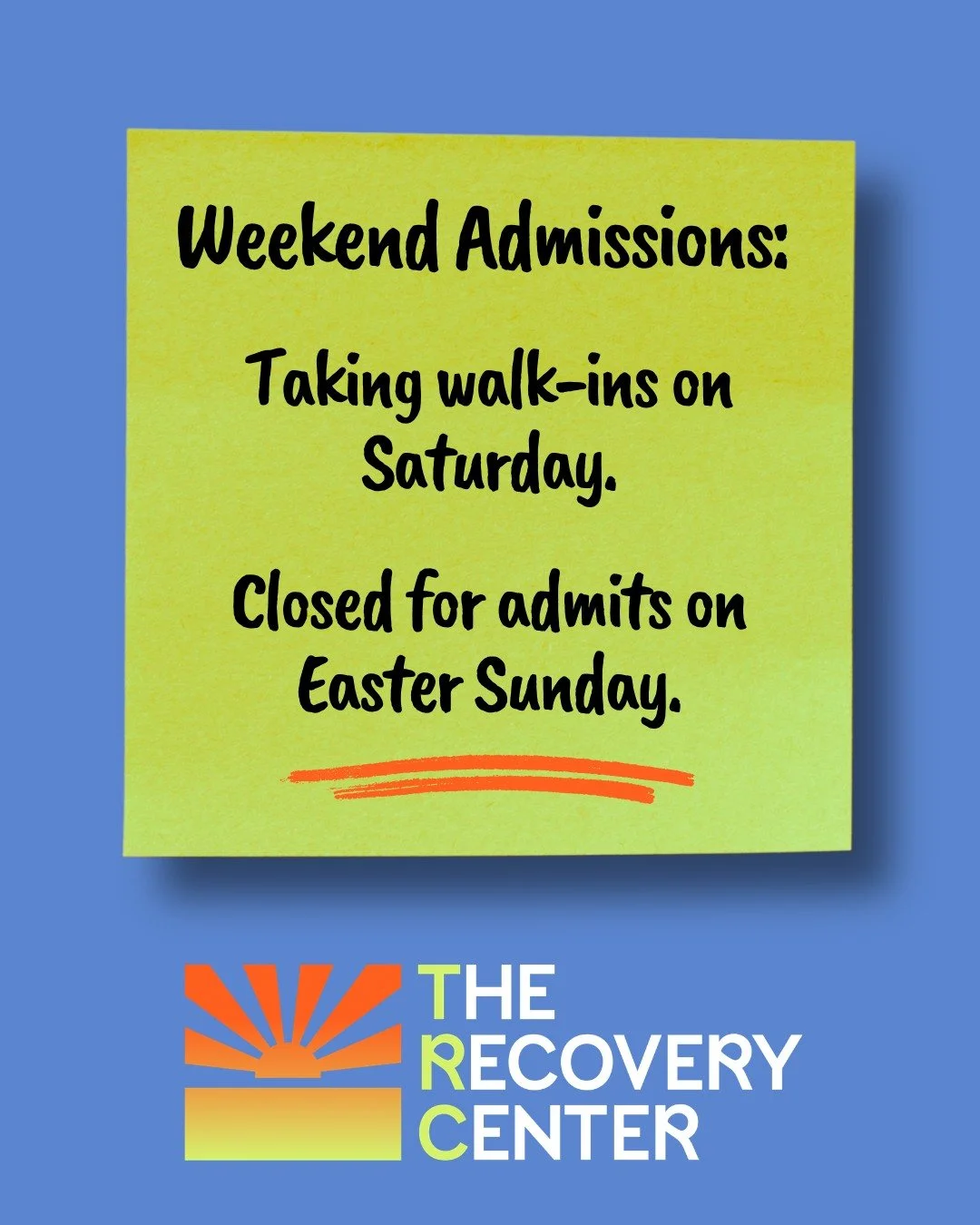 We're open today and taking admits starting at 9am, but tomorrow we won't be admitting new clients due to Easter Sunday. 🌷 If you need help and can't make it in today, we'll be back at it again on Monday.