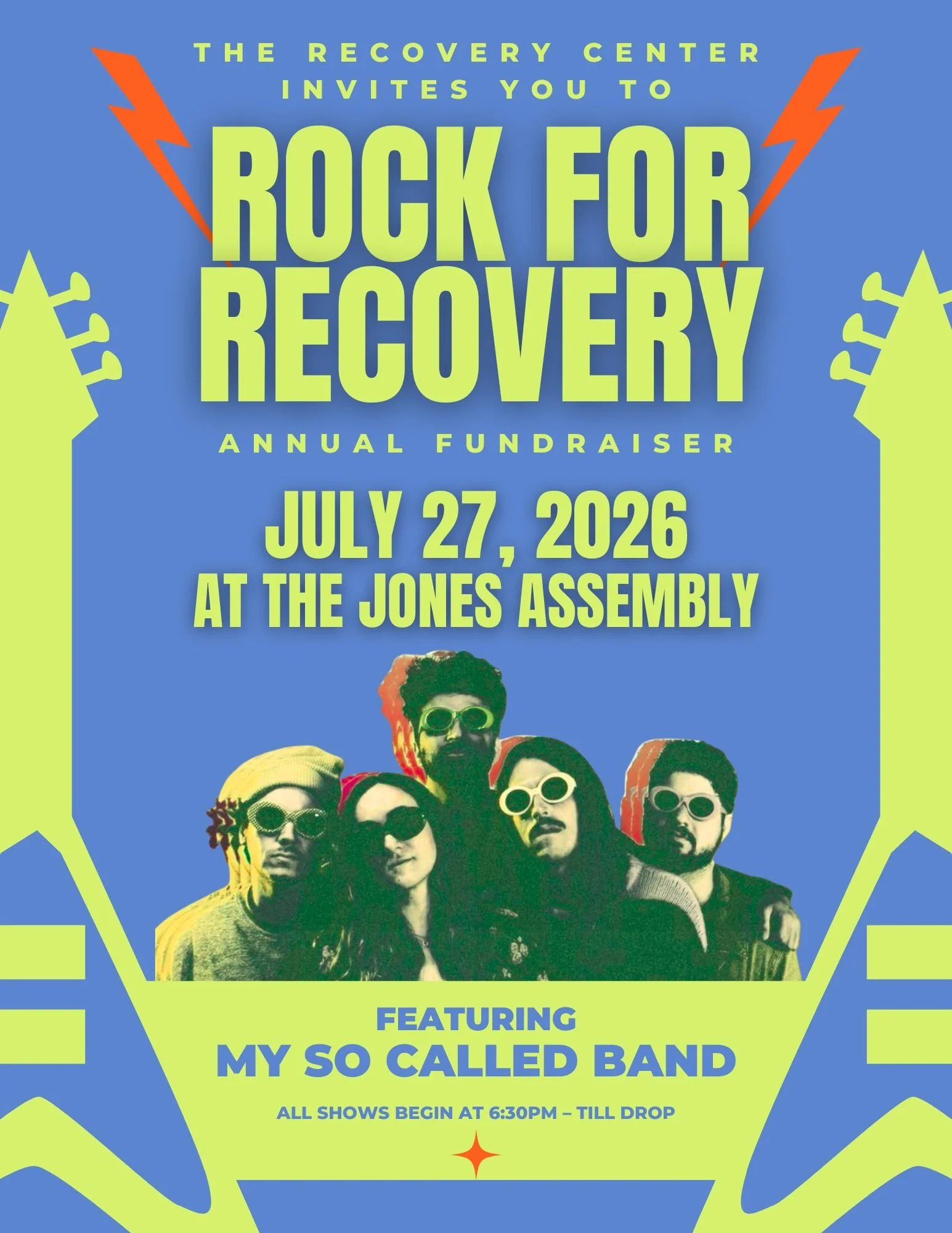 Mark your calendar for July 27th! 🎸
Rock for Recovery is taking over The Jones Assembly with My So Called Band for an unforgettable 90s throwback concert &mdash; all to support The Recovery Center.

Upgrade your night by becoming a sponsor and we'll