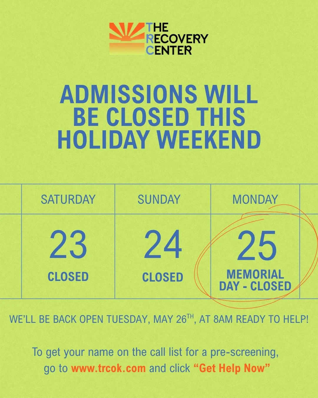 In observance of Memorial Day weekend, our admissions department will be closed Saturday through Monday and will reopen Tuesday morning. We appreciate your understanding and hope everyone has a safe weekend.
