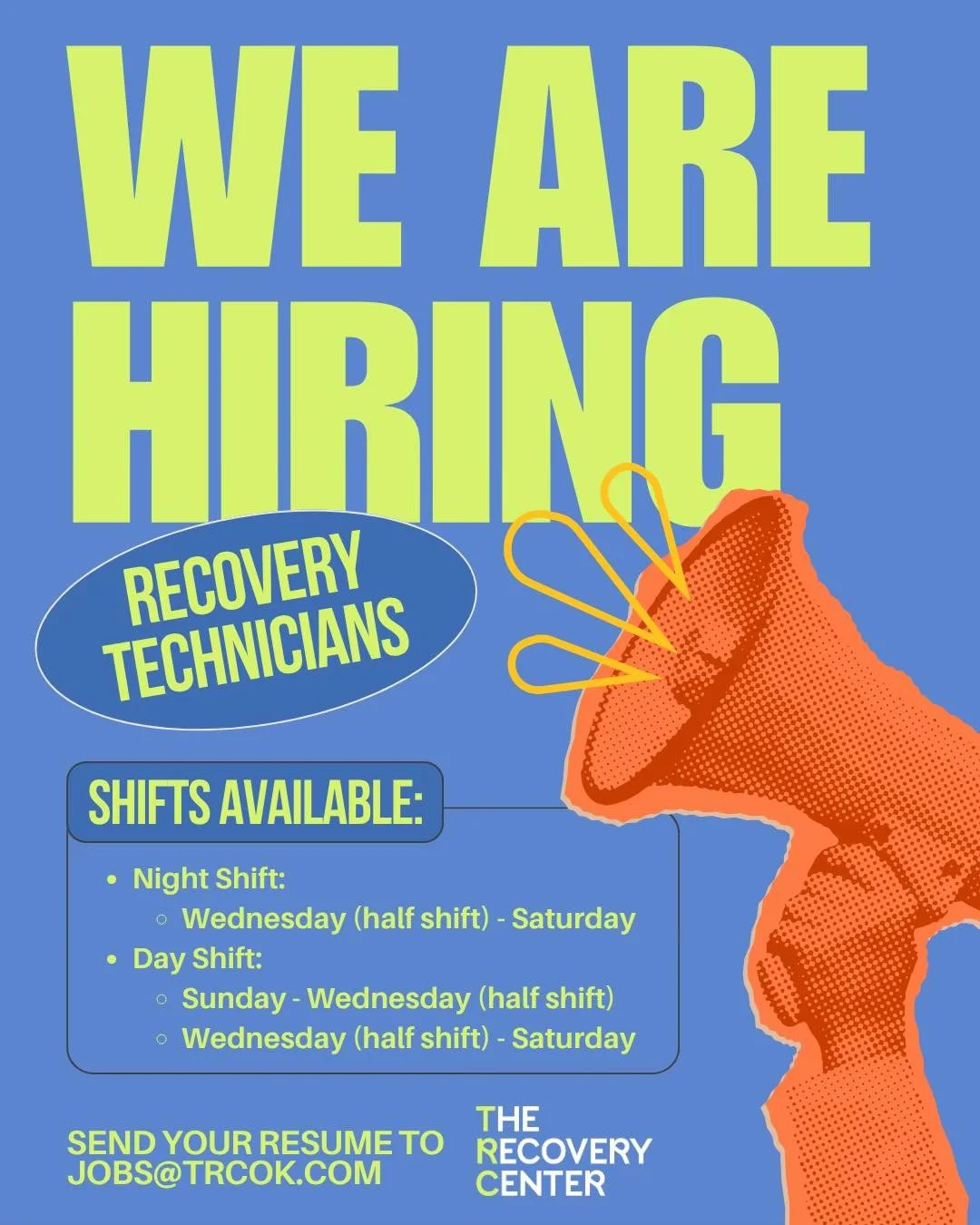 ✨ Now Hiring: Recovery Technicians (RTs)

Recovery Technicians play a huge role at TRC by supporting patients through detox, helping maintain a safe environment, and encouraging people as they begin their recovery journey. PRSS certification is a plu