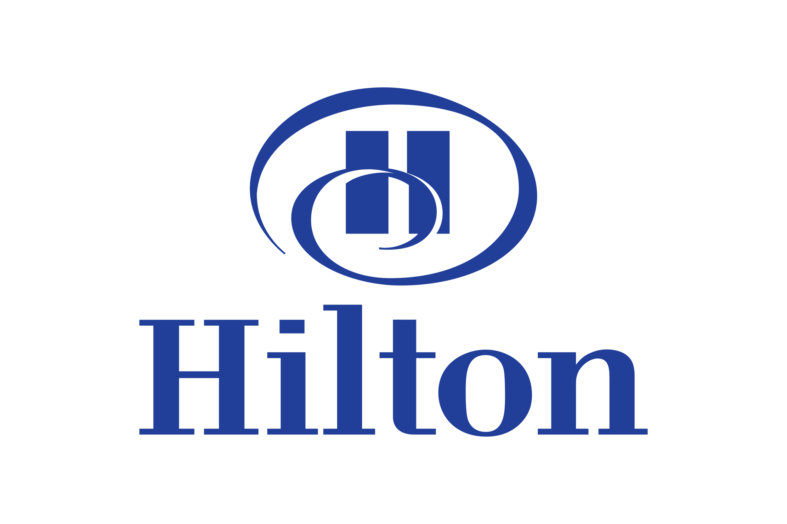 Hilton hotel logo in dark blue featuring a stylized globe above the word Hilton.