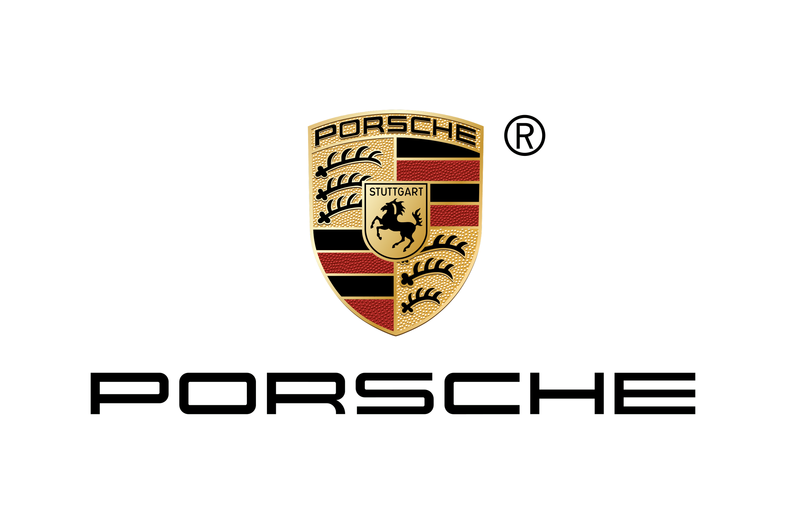 Porsche logo with black text and the brand shield featuring a horse, red and black stripes, and images of antlers, with the text 'Porsche' and 'Stuttgart'.
