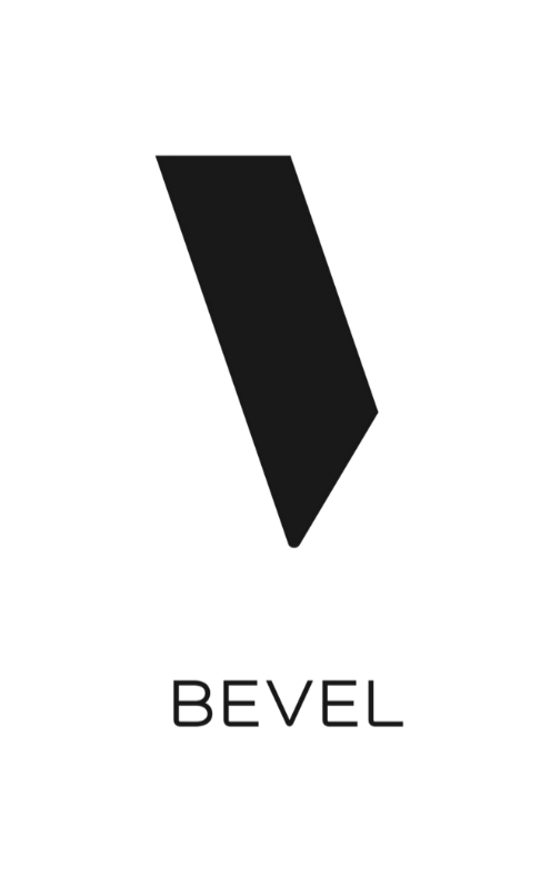 Logo with a black geometric shape resembling a tilted rectangle or parallelogram above the word 'BEVEL' in capital letters.