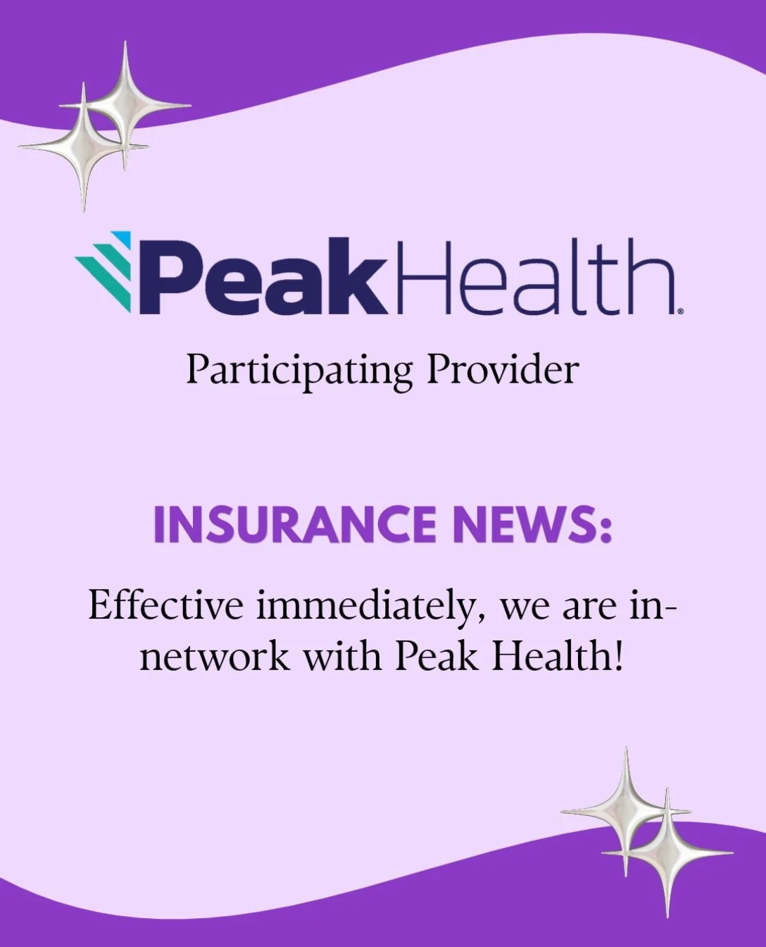 We are SO EXCITED to announce that we are now IN-NETWORK with Peak Health! It&rsquo;s been a long time coming and we have finally made it. If you are a Peak member and would like to schedule an appointment with us, please call us at (540) 450-5300. W