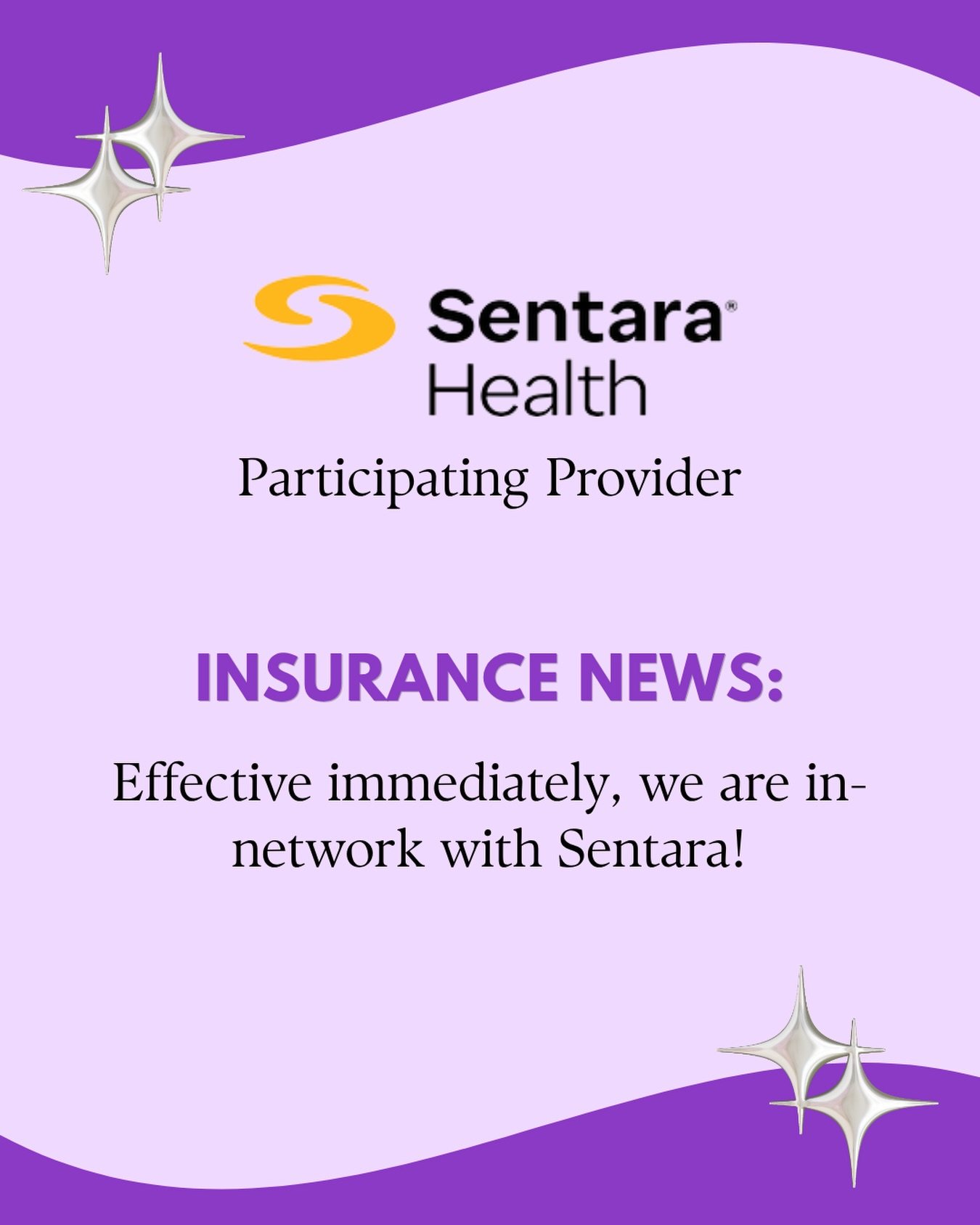 The good news keeps on coming! We are so excited to announce that we are now in-network with Sentara Health Plans! If you are a Sentara member and would like to set up a new patient appointment with us, call us at (540) 450-5300 or use our online sch