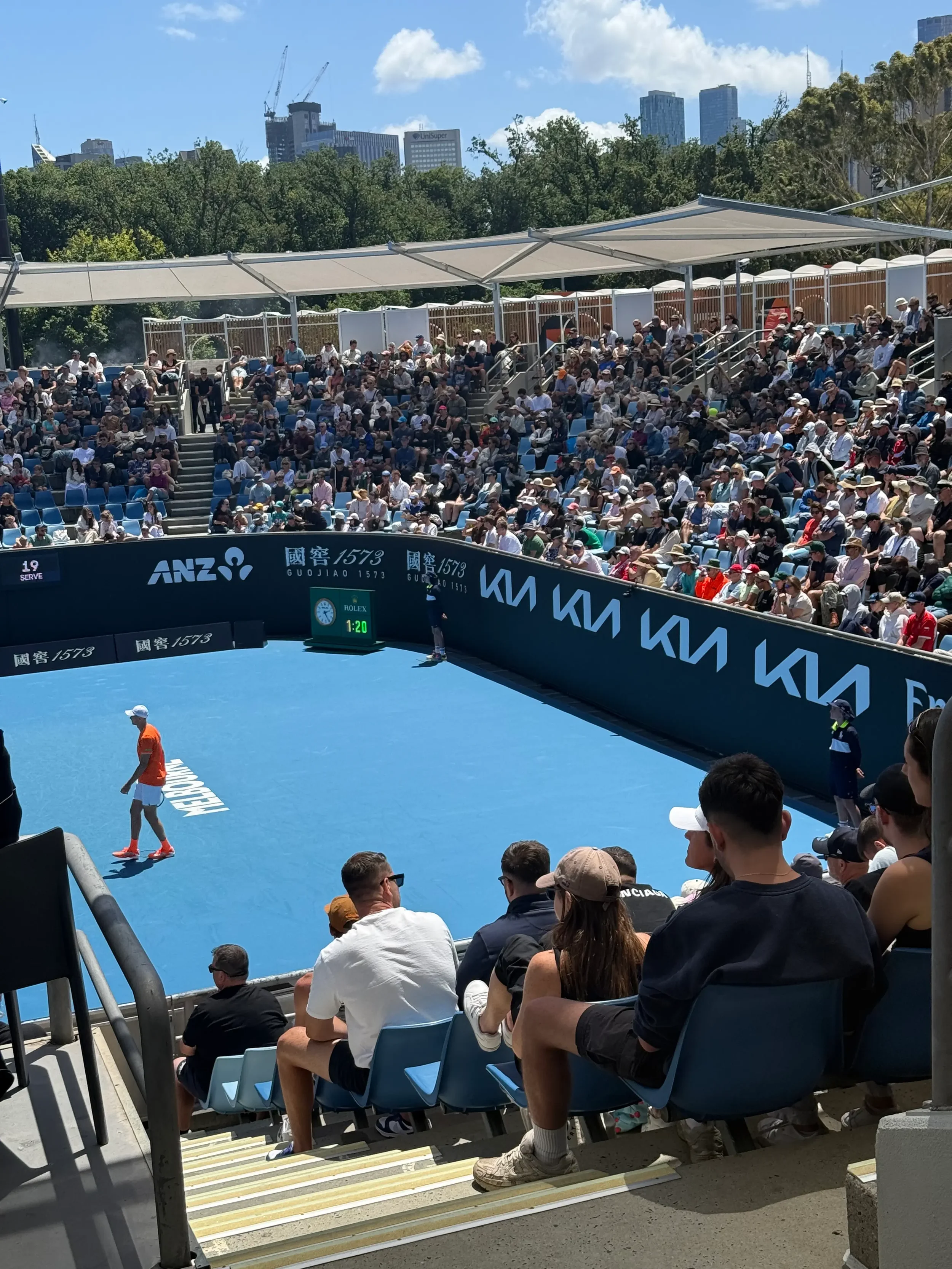 KIA driving their brand visibility. The car manufacturer holds the dominant position on the backwalls of the courts at Melbourne Park.