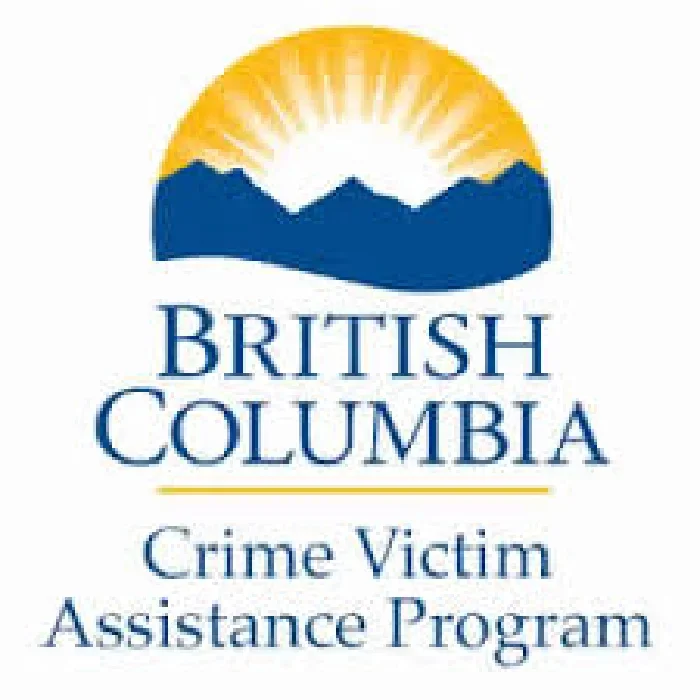 Logo of British Columbia Crime Victim Assistance Program with a stylized sunrise over mountains and text in blue.