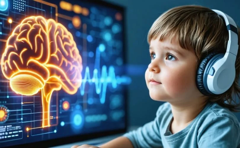 A young boy wearing headphones looking and focusing on a digital brain and brain activity visualization on a screen.