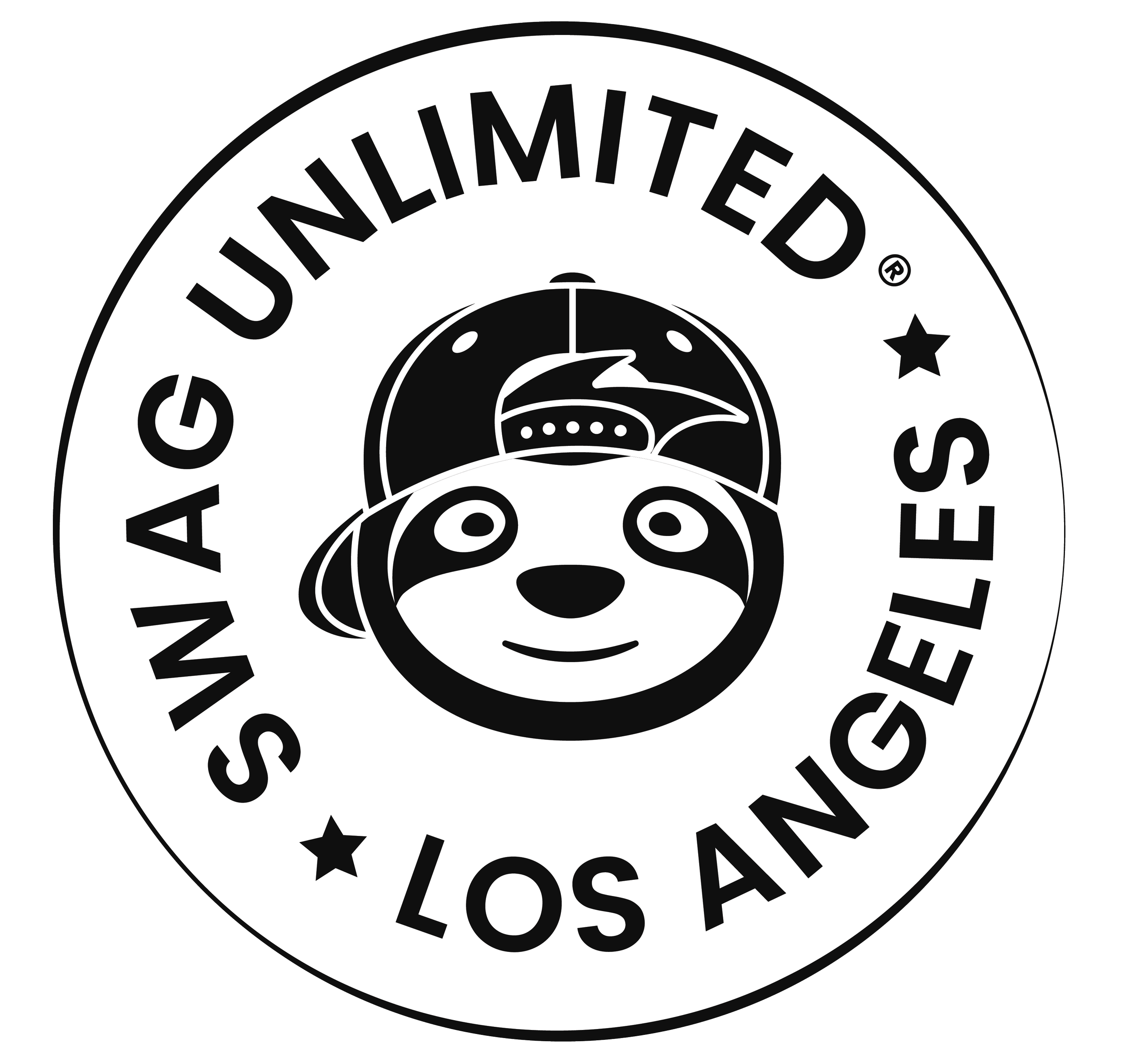 A circular logo with the text "SNAG UNLIMITED LOS ANGELES" around the edge. In the center, a cartoon panda dog wearing a baseball cap with a stylized bird logo.