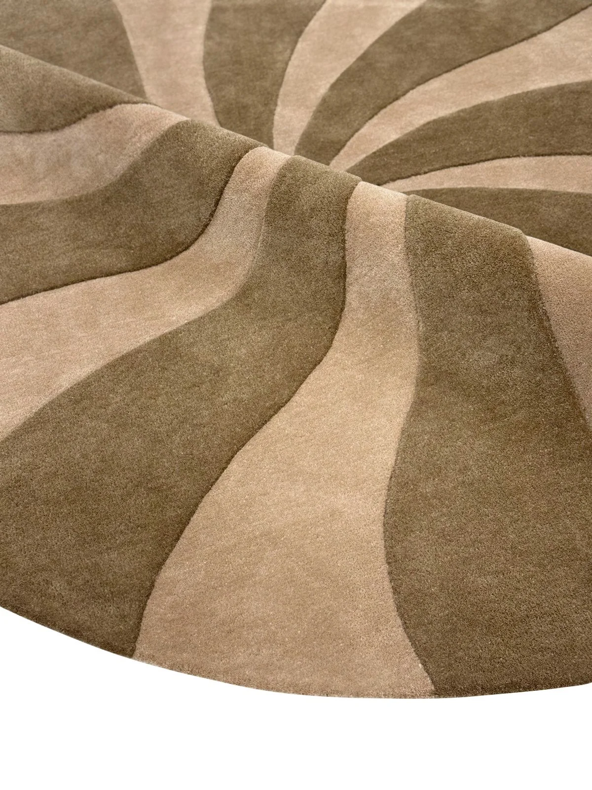 Close-up of a hand-tufted wool rug showing a raised, sculptural swirl pattern in layered beige and brown tones, highlighting the plush texture and dimensional carving of the design.