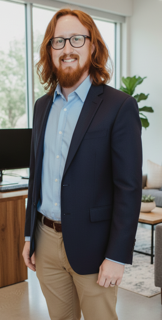 A man with long red hair and glasses wearing a navy blazer, light blue dress shirt, and khaki pants standing in an office with large windows and a potted plant behind him.