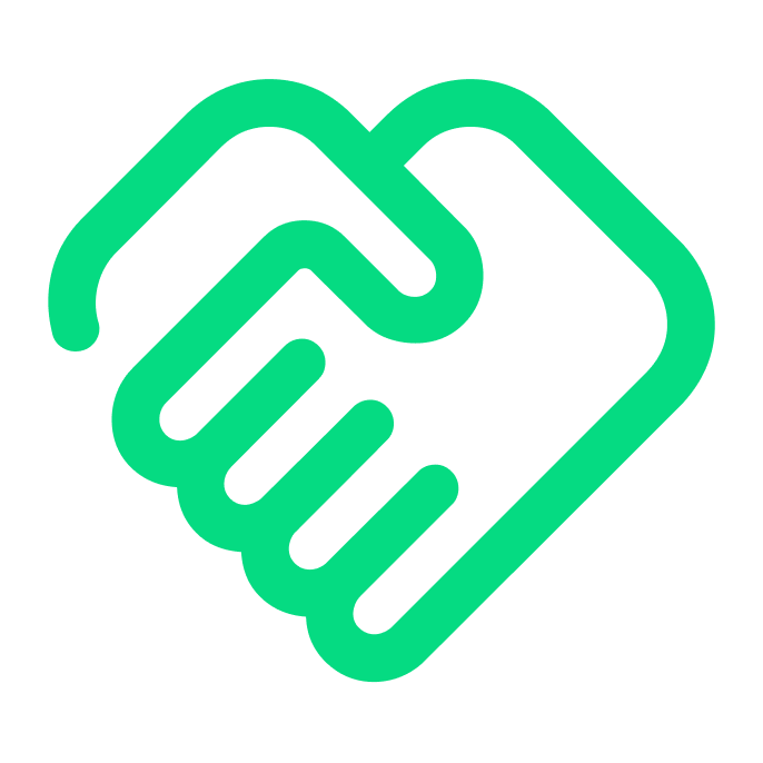 A green icon of two hands shaking, symbolizing agreement or partnership.