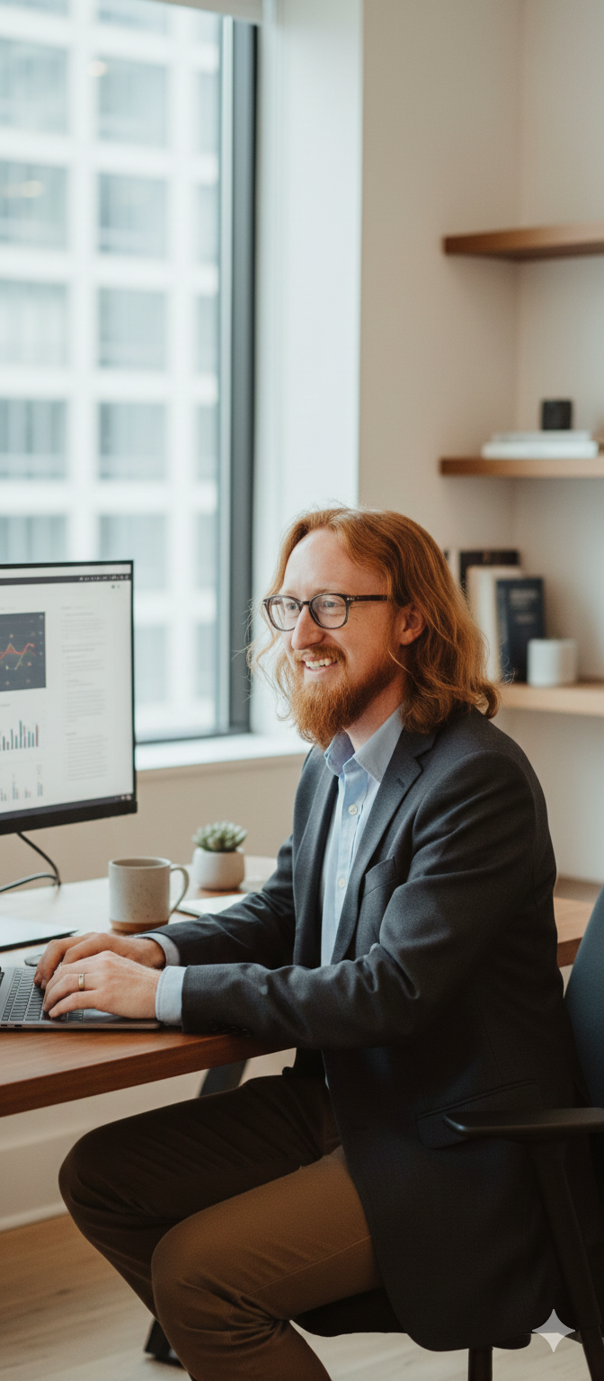A man with long red hair, glasses, and a beard working at a desk with a computer monitor showing graphs, in a modern office with a window and bookshelves in the background.