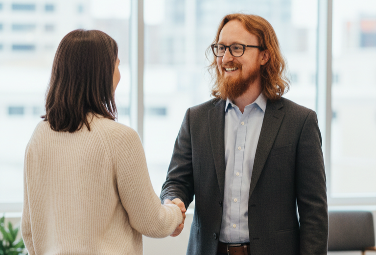 Two people shaking hands in a modern office with large windows, smiling and engaging in conversation.