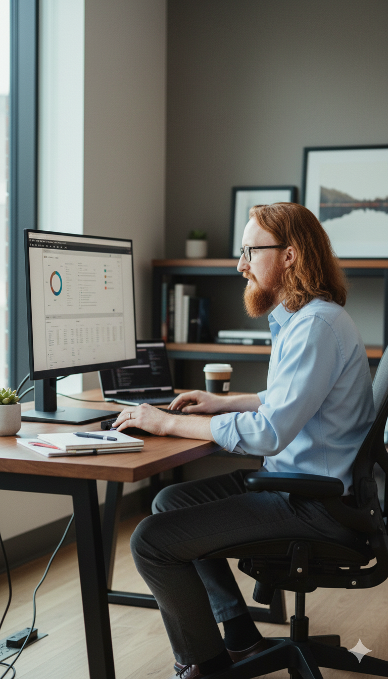 A man with long hair, beard, glasses, wearing a blue shirt, sitting at a desk working on a computer in a modern office.