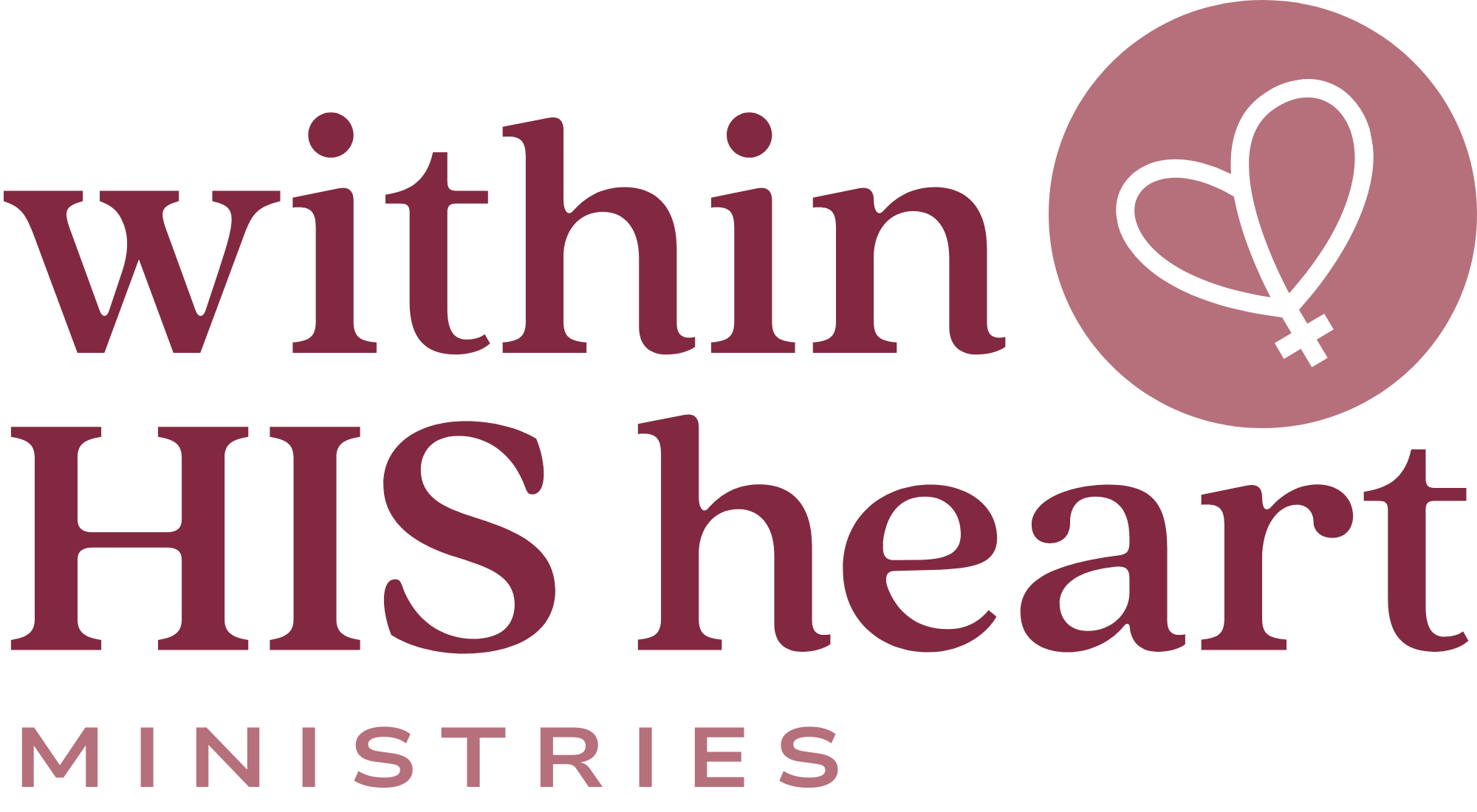 Logo with the text 'Within His Heart Ministries' and a pink circle containing a stylized heart and cross symbol.