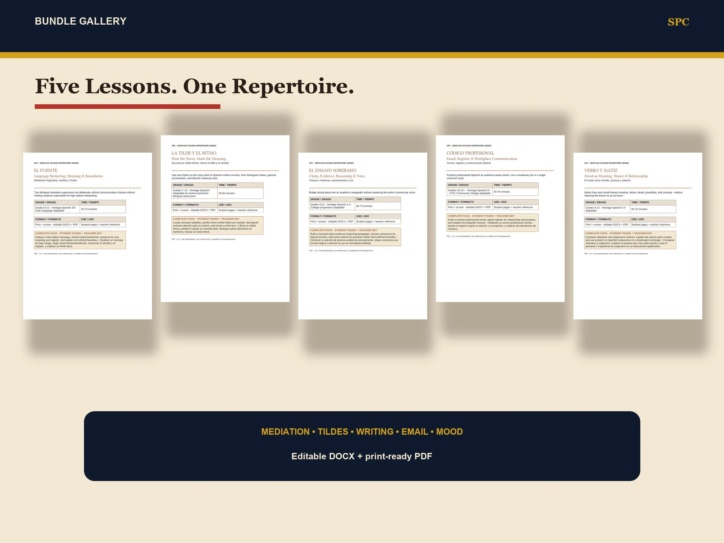 Five Heritage Spanish lesson covers in the Repertoire Series
