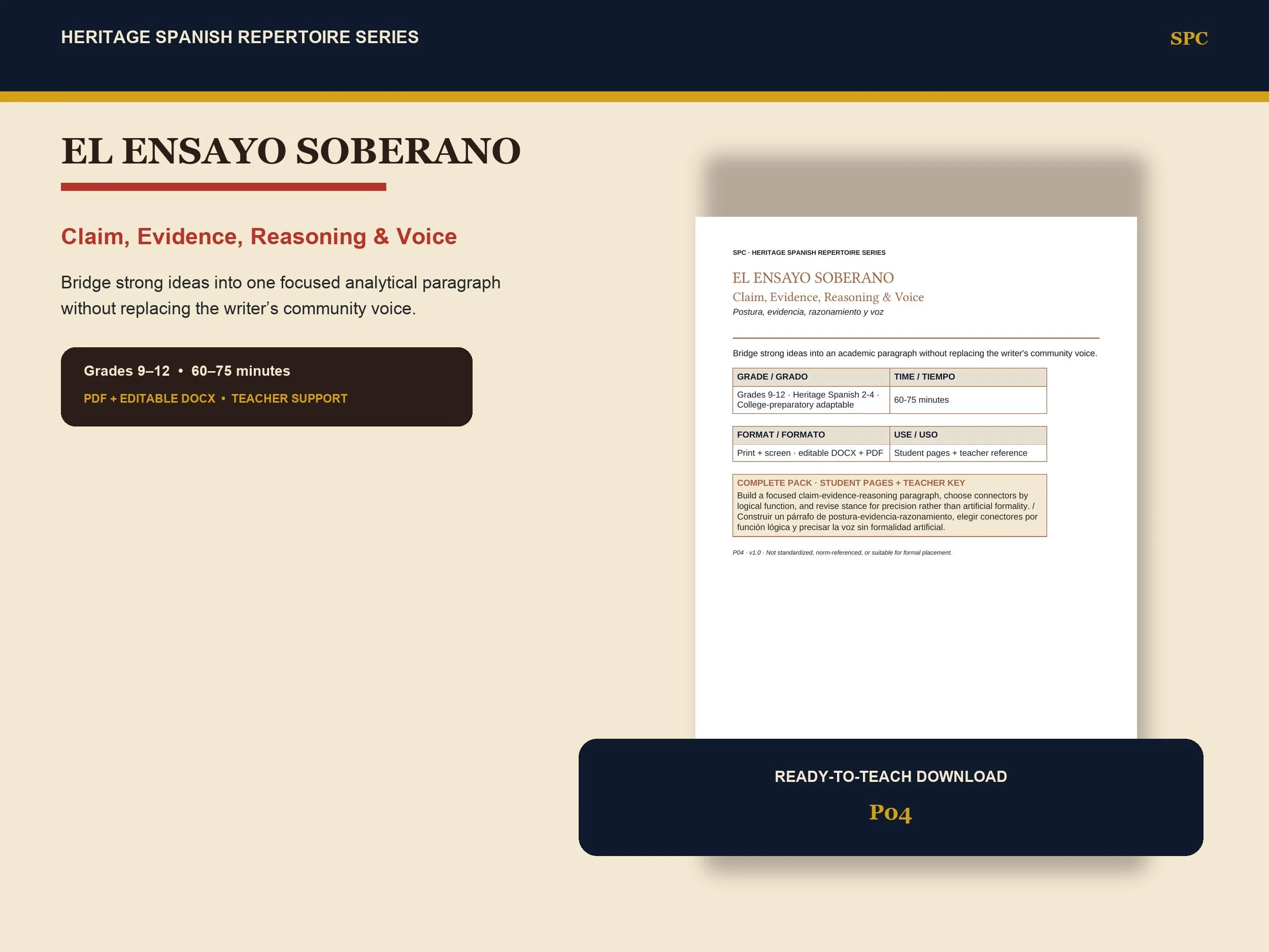 El Ensayo Soberano Heritage Spanish lesson cover