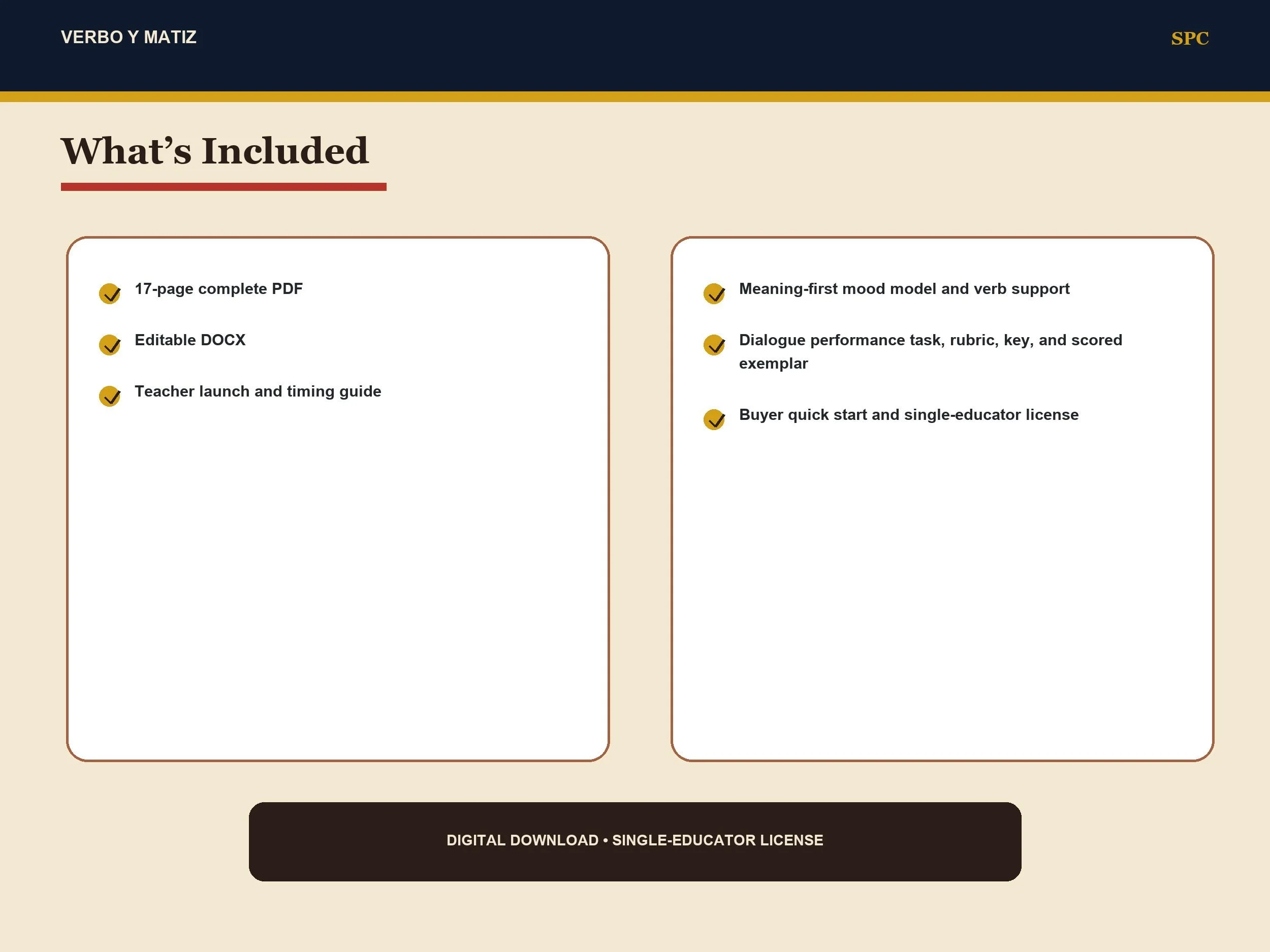 Verbo y Matiz lesson contents and included file formats