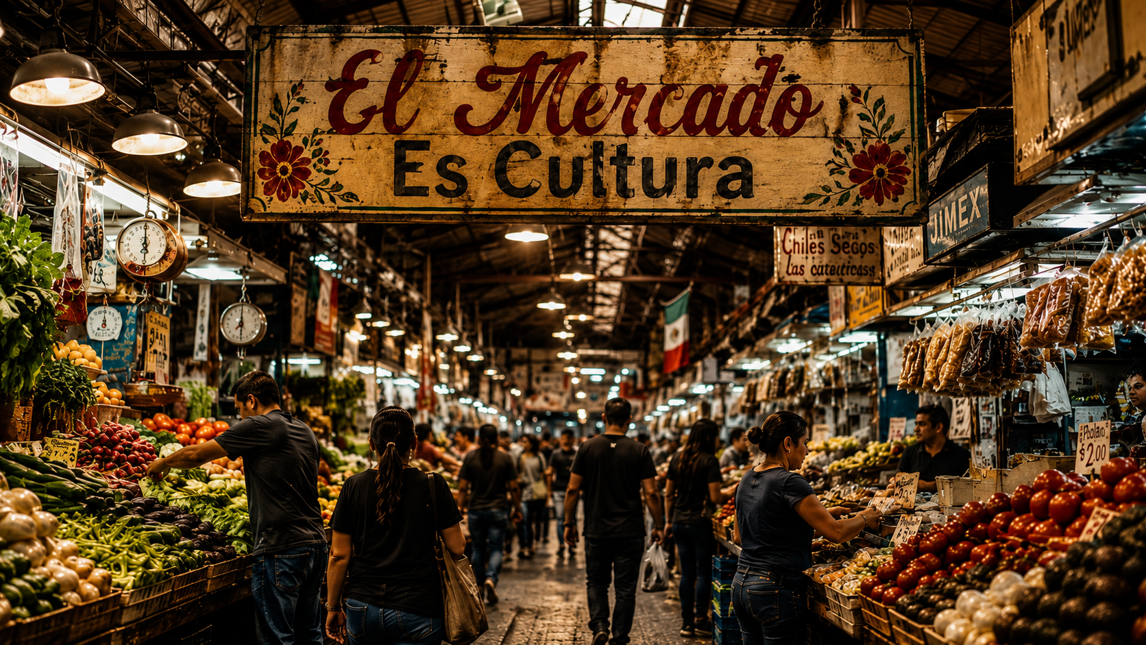 A busy indoor Latino market filled with produce and shoppers beneath a hand-painted sign reading “El Mercado Es Cultura.”