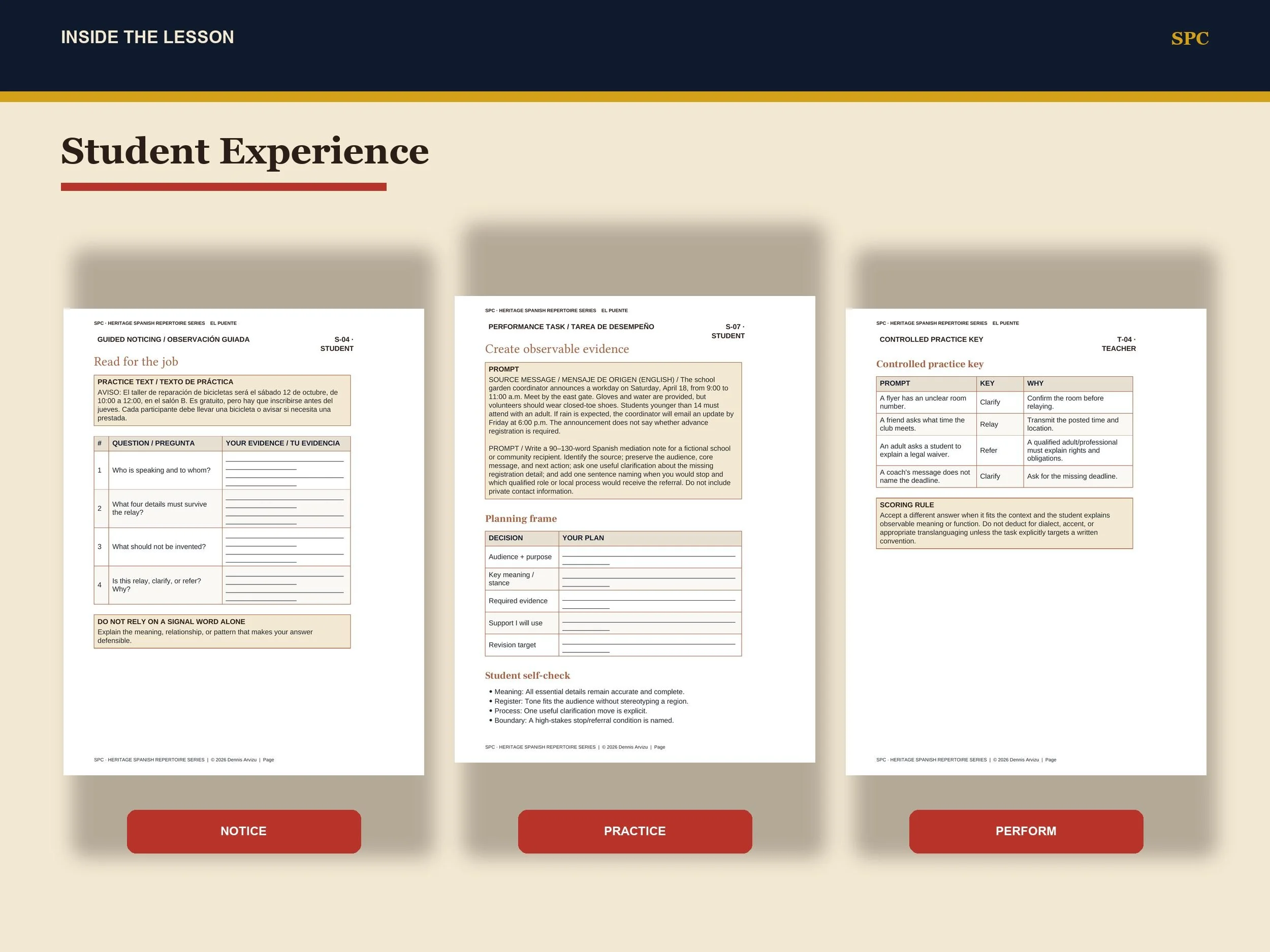 El Puente student activity pages for language brokering, meaning & boundaries