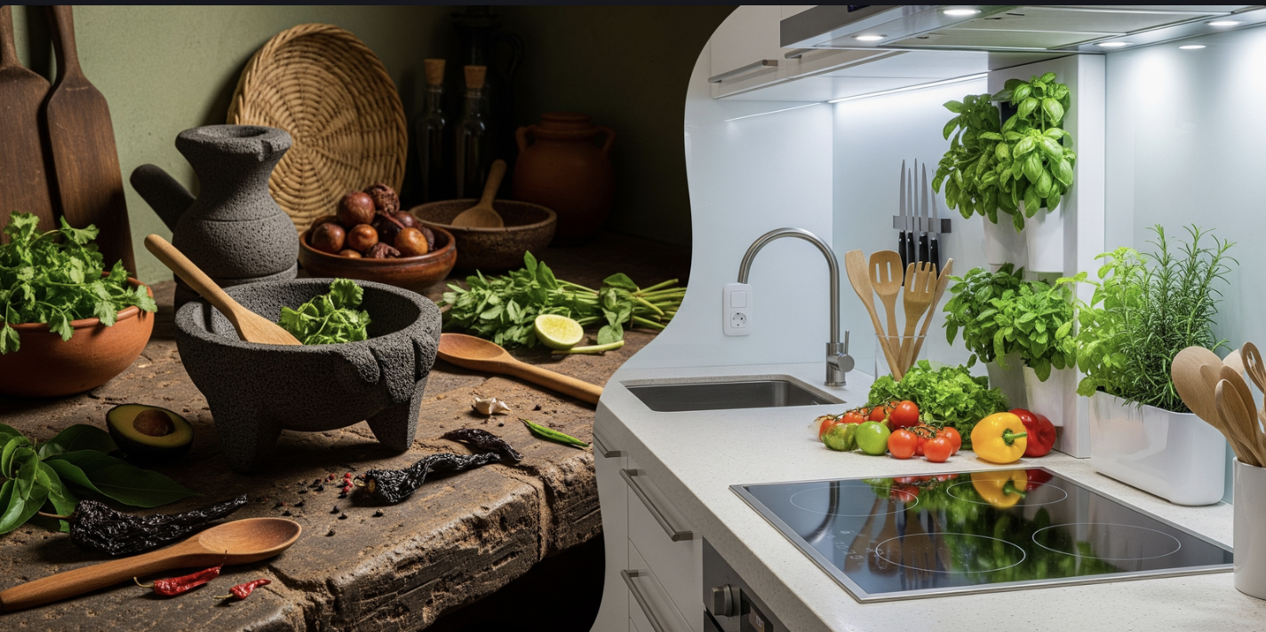 Split kitchen scene with fresh vegetables, herbs, and cooking utensils. The left side shows a rustic kitchen with a mortar and pestle, bowls of garlic and onions, and a wooden spoon on a textured counter with dried chili peppers and an avocado. The right side features a modern kitchen with a white countertop, fresh tomatoes, bell peppers, basil, rosemary, and other herbs, along with wooden kitchen utensils and a stovetop.