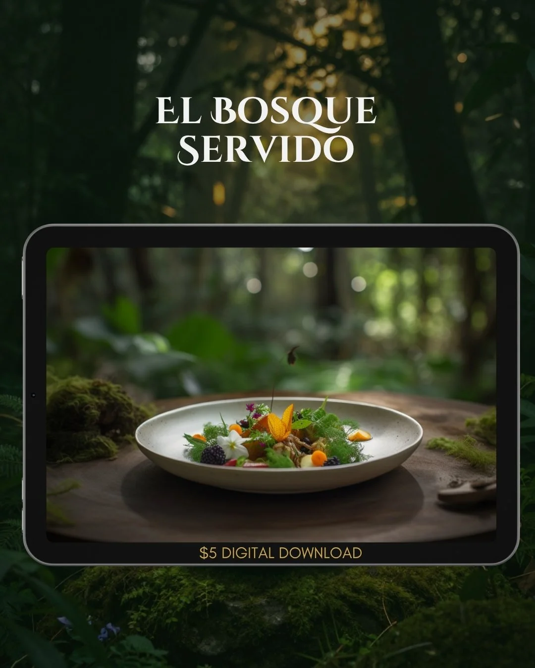 A plated forest composition where leaves, flowers, fruit, and quiet light turn food into a small living landscape.