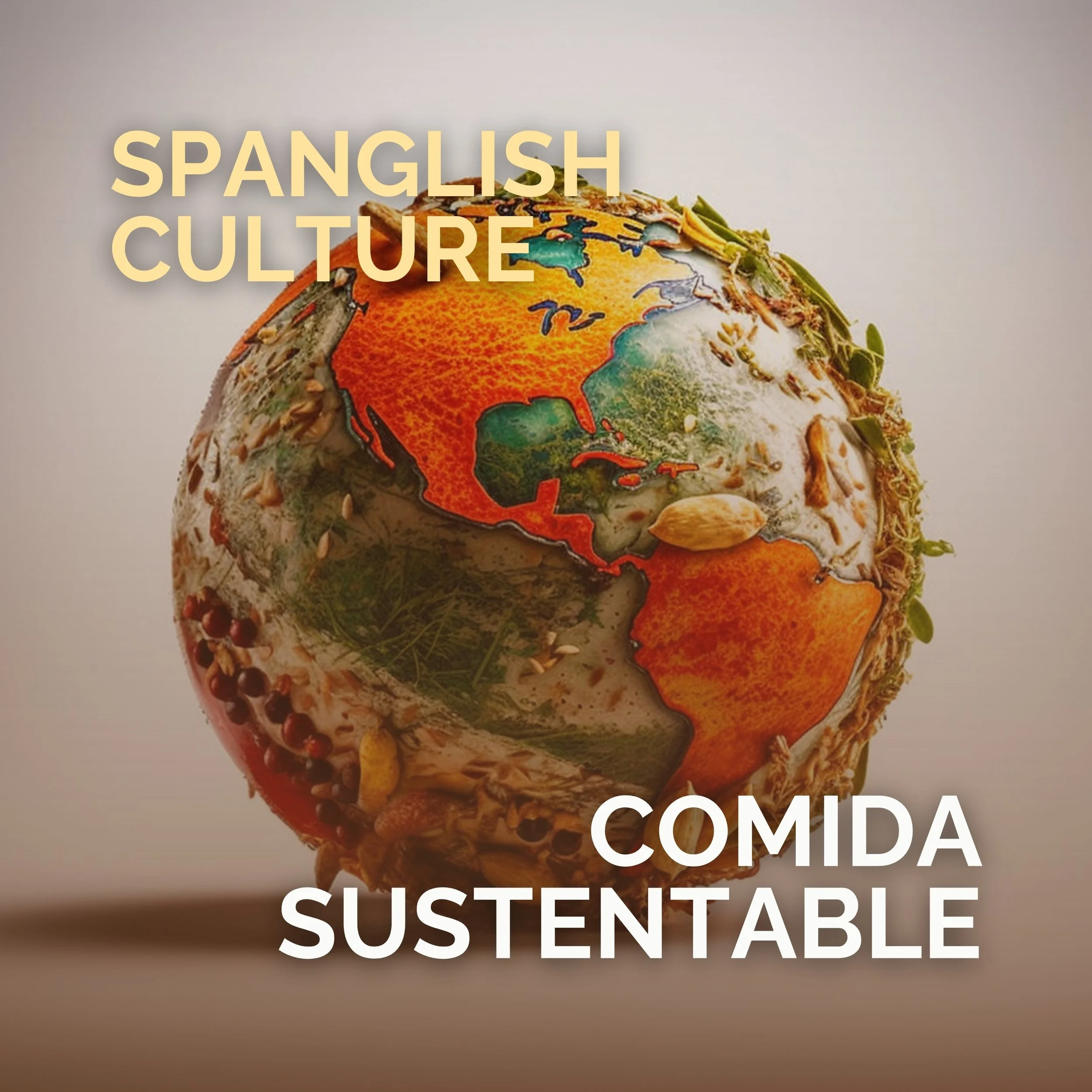 A globe with a focus on North and South America, made of various natural materials like seeds and leaves, symbolizing sustainable food and culture.