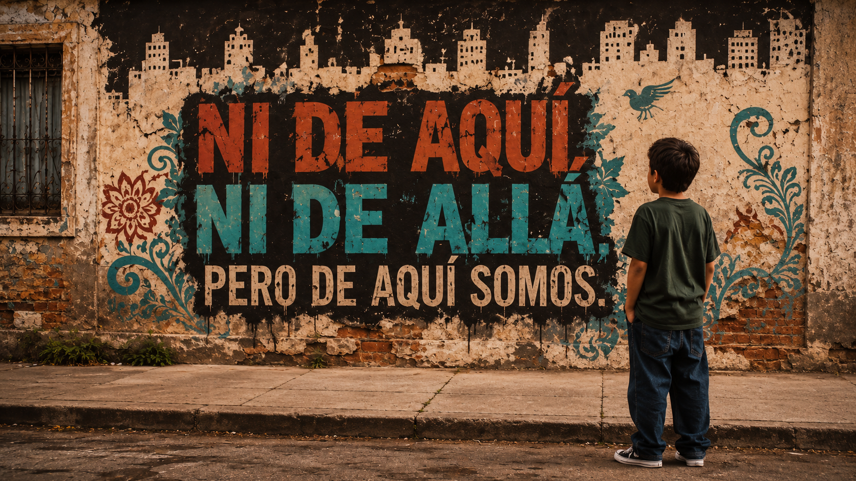 A child standing before a weathered mural reading “Ni de aquí ni de allá, pero de aquí somos.”