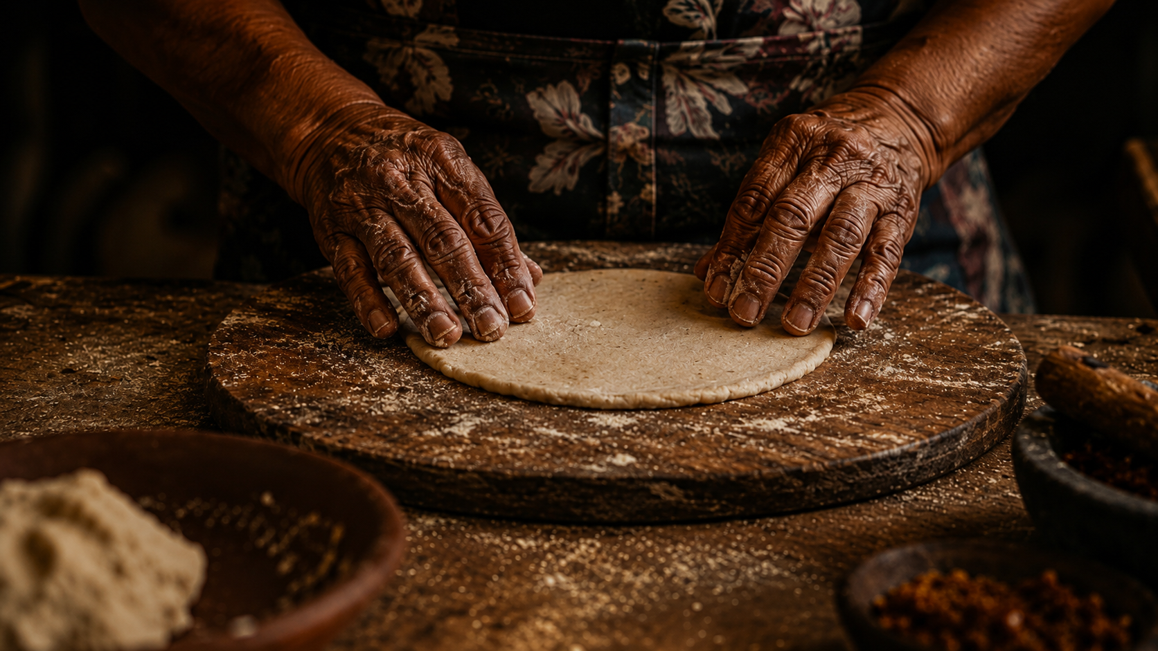 Older hands pressing masa on a worn wooden board in warm kitchen light.