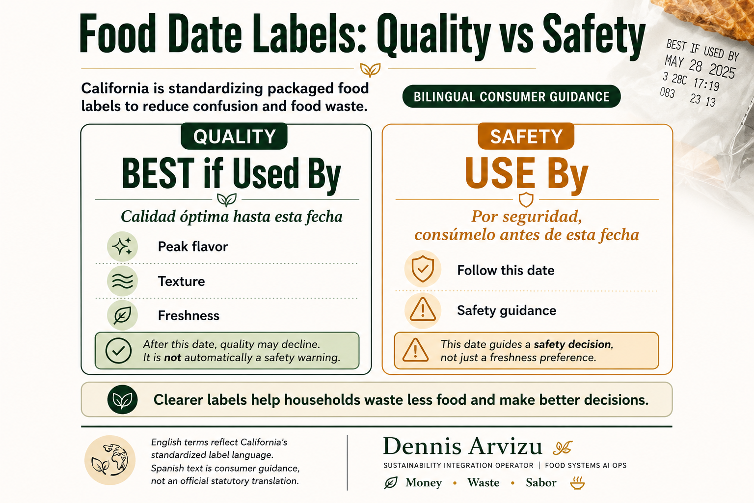 Bilingual infographic comparing Best if Used By (quality) and Use By (safety) food date labels, with English terms and Spanish consumer guidance, under the Money Waste Sabor framework.