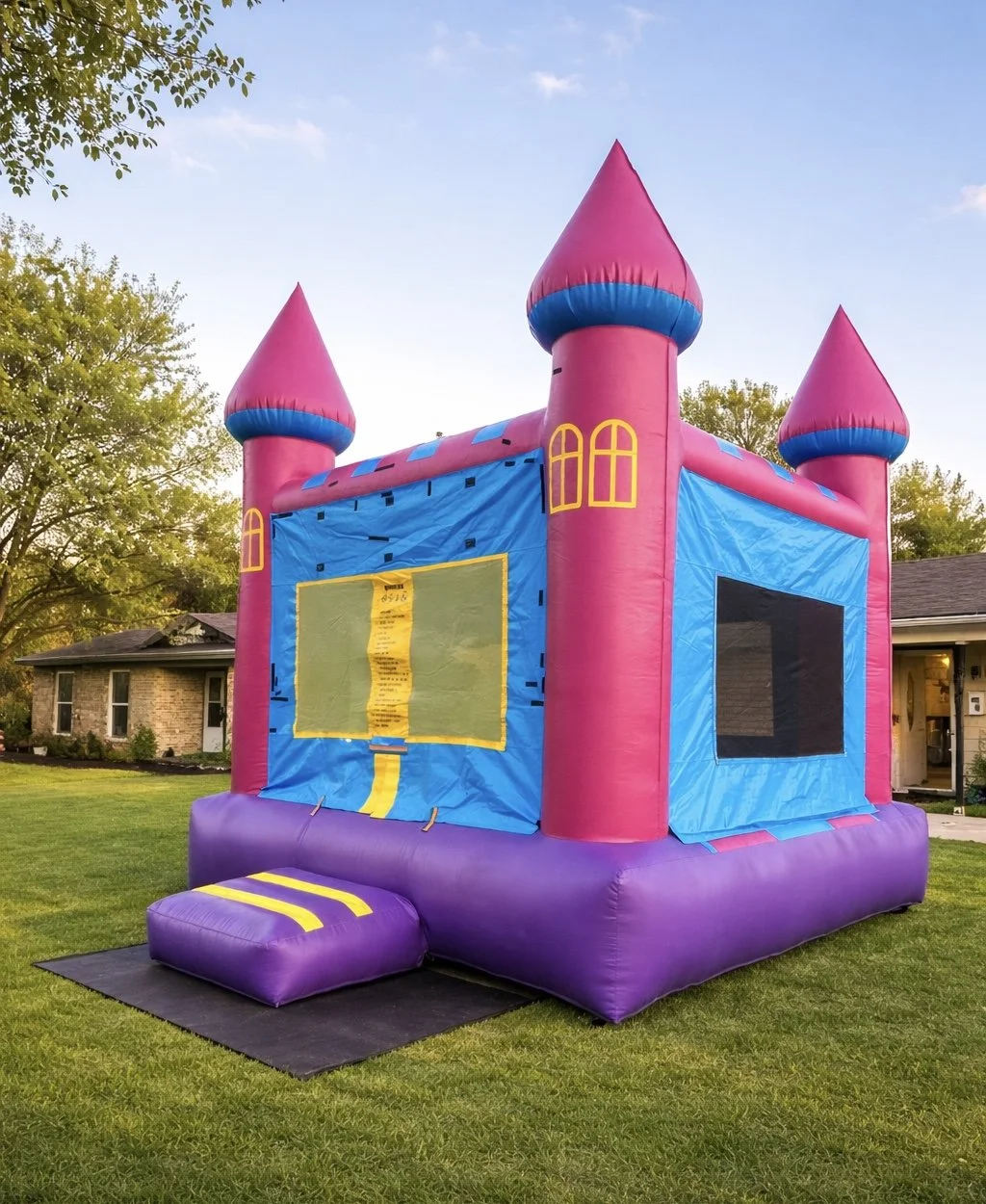 Colorful inflatable bounce house shaped like a castle with pink towers, blue walls, yellow window accents, purple base, and a small purple step at the entrance, set up on a lawn outside of houses.