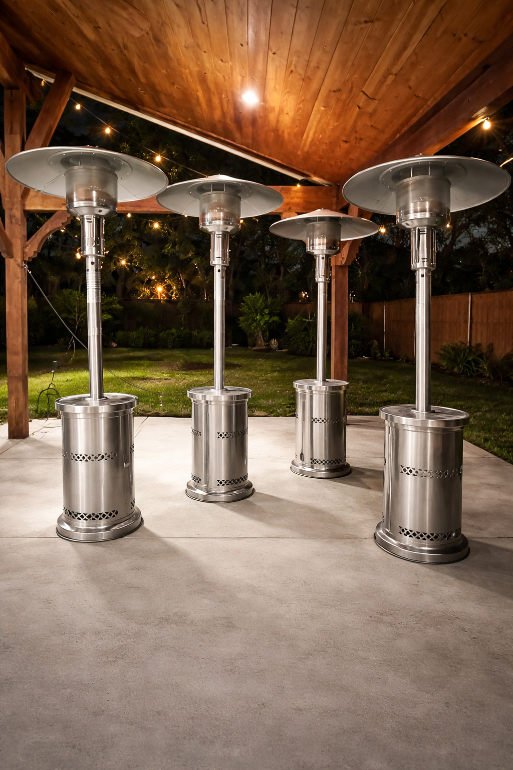 Four outdoor patio heaters with metal bases and umbrellas under a wooden patio roof at night, decorated with string lights, in a backyard with a grassy area and trees.