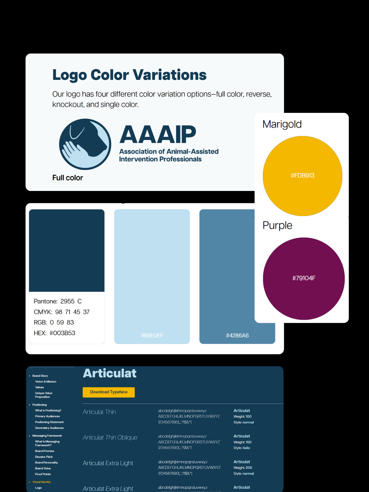 A graphic displaying logo color variations, including full color, reverse, knockout, and single color, with color swatches of marigold (#FDB913) and purple (#79104F), along with RGB, CMYK, HEX, and Pantone color codes; and a section on typography styles for 'Articulat' font.