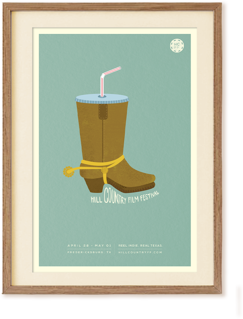 Hill Country Film Festival framed poster featuring a cowboy boot with a soda lid and straw on a teal background.